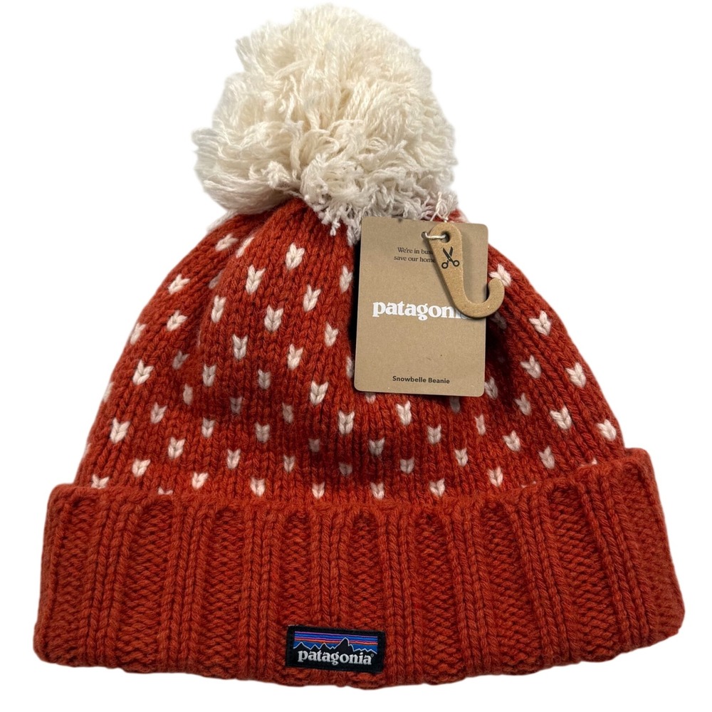 Patagonia Snowbelle Beanie OS Burnished Red Offset Dot Wool Pom Knit Hat New